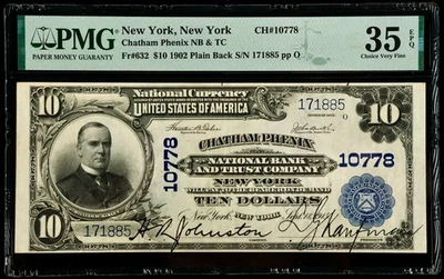 Fr#632 1902 $10 US Chatham Phenix NB National Currency Large Note PMG 35 CVF EPQ - Image 1 of 2