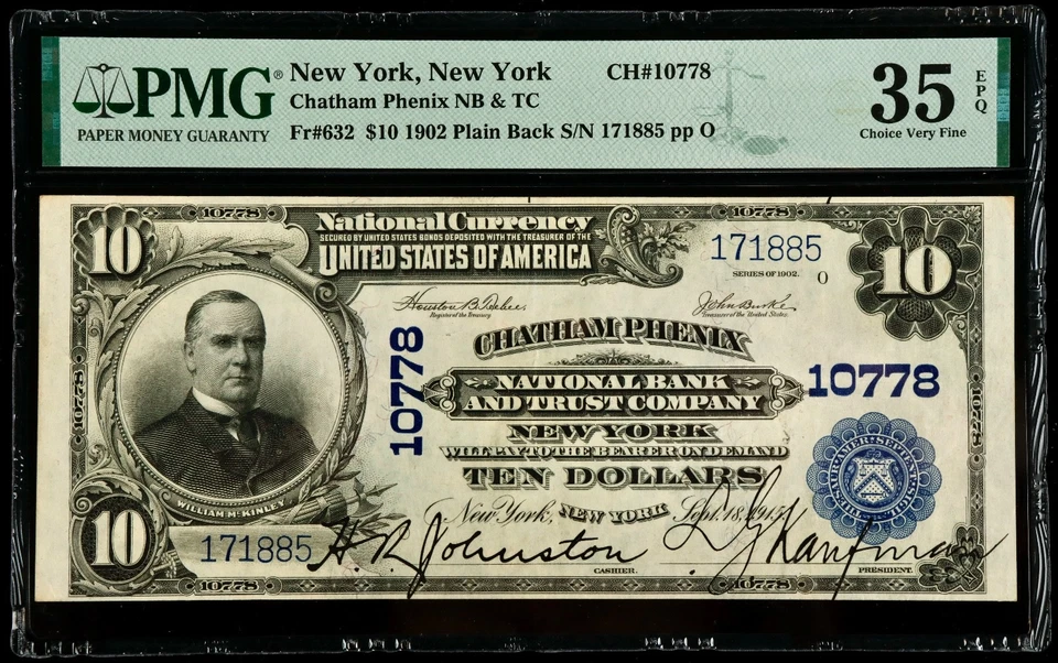 Fr#632 1902 $10 US Chatham Phenix NB National Currency Large Note PMG 35 CVF EPQ - Image 1 of 2