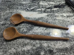 Cucchiai servizio insalata plastica finto legno MCM vintage stile danese - Foto 1 di 5