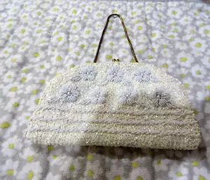 Vtg JEM Hand Made Evening Purse Clutch White/Irridesent Beads Creamm Satin - Picture 1 of 10