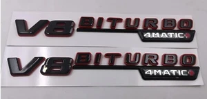 GLOSS BLACK red V8 BITURBO AMG 4MATIC+ BADGES SIDE WING C63 E63 GLC63 x 2 - Picture 1 of 2