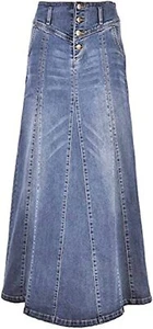 Women's Retro Exposure Button-Fly Packaged Hip A-Line Maxi Long Denim Skirt - Picture 1 of 46