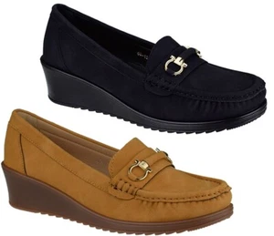 Ladies Low Wedge Comfort Slip On Moccasin Loafers Casual Formal Heels Shoes Size - Picture 1 of 17