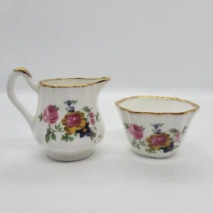 English Bone China Fenton Roses Miniature Creamer & Open Sugar Bowl Gold Rim - Picture 1 of 8