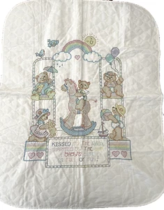 COMPLETED Dimensions Bear Buddies Cross Stitch Baby Quilt Blanket Rocking Horse - Picture 1 of 9