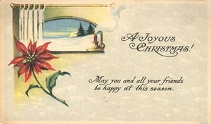 Alegre Navidad Poinsettia escena de nieve a través de la ventana 1917 postal - Imagen 1 de 2
