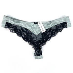 Elle Macpherson Thong Size M Sage Green Black Floral Lace Trim Silk Blend New - Picture 1 of 7