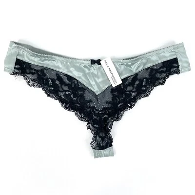 Elle Macpherson Thong Size M Sage Green Black Floral Lace Trim Silk Blend New - Image 1 of 4