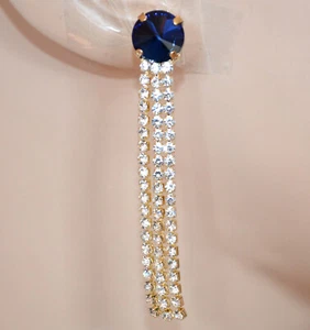 OHRRINGE Damen CLIPS GOLD Strass Kristalle BLAU Chandelier Lange Ohrhänger X61 - Bild 1 von 1