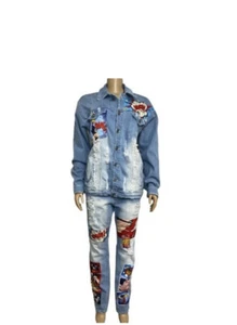 Vintage Y2K Focus Denim Set Comic Patchwork Blue Jacket Size 2X Jeans 38 X 32 - Picture 1 of 16