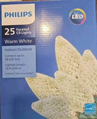 Philips 25 Faceted C9 String Lights Warm White LED Christmas Indoor/Outdoor NEW - Image 1 of 3