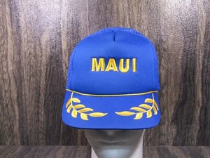 Vintage Maui Hawaiian Headwear Blue Mesh Trucker Hat Cap Snapback Gold Leaf - Picture 1 of 11