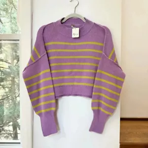 NWT Free People Easy Street Stripe Crop Pullover Sweater Oversized Purple XS - Picture 1 of 12