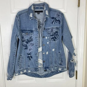 Lametta Denim Couture Damen Medium Distressed Jeansjacke Blumenstickerei - Bild 1 von 13