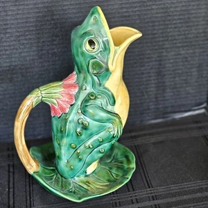 STUNNING 16" X9 Majolica Wares Edward Steele Figural Frog Lily Pad Pitcher, RARE - Picture 1 of 18