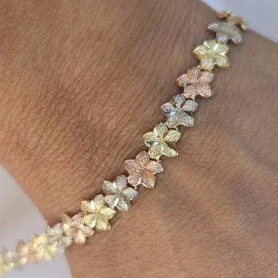 solid 14k gold Hibiscus flower Bracelet 8 Inches Tri Color - Image 1 of 4