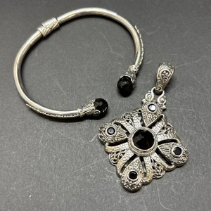 JUEGO SARDA 925 Plata de Ley Espinela Negra Colgante y Brazalete con Bisagras - Imagen 1 de 18