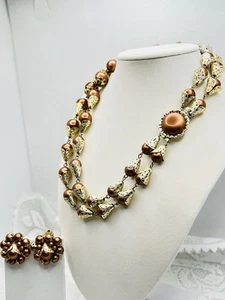 Vintage Beaded Layered Necklace Clip Earrings set Bronze Gold Tone Hong Kong - Picture 1 of 8