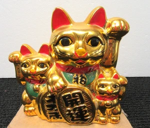 Vtg Japan Maneki Neco Triple Three Lucky Cat Porcelain Bank 1970's  See Pics!! - Picture 1 of 15
