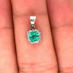 Platinum 900 Square Cut Green Emerald & Single Cut Diamond Halo Bail Pendant - Picture 1 of 11