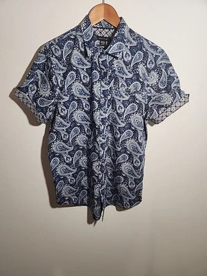 Structure Shirt Mens MEDIUM Slim Fit Blue Paisley Cuff Short Sleeves Button Up  - Image 1 of 4