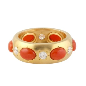 18K Yellow Gold Coral Diamond Band Ring Eternity Statement Perfect Gift For Her - Picture 1 of 7