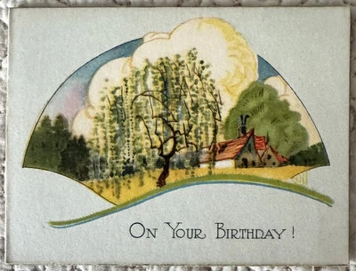 Tarjeta de felicitación de cumpleaños Art Deco llorón sauce granja años 20 1930 sin usar Foto 1 de 3