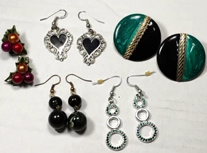 Gold & Silver Tone Green Black Dangle Stud Bold 80's Jewelry set of 5 pair - Picture 1 of 6