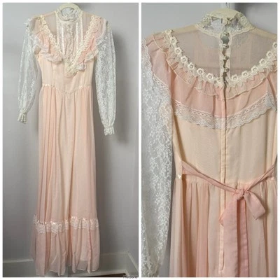 Vintage 70s Gunne Sax Jessica Dress Maxi Prairie Cottagecore Lace 5 Boho Pink - Image 1 of 4