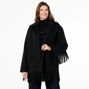 Giacca TWRHLL by Christie Brinkley finta melton spazzolata con frange taglia 1X nera - Foto 1 di 7