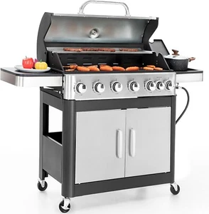 Propane Gas Grill 6 Burners a Side Burner Steel Grill Cart Outdoor Cooking BBQ - Picture 1 of 7
