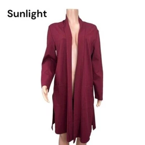 Slinky Brand Medium Ponte Knit Duster Cardigan Side Slits Burgundy Open Front - Picture 1 of 13