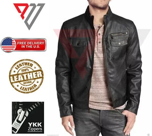 Men's Genuine Lambskin Black Leather Classic Slim Fit Motorcycle Biker Jackets - Picture 1 of 3