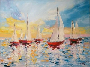 "Red Sailboat Sunset" # 013 - Original Oil Painting by Julia Lu 18x24" - Picture 1 of 1