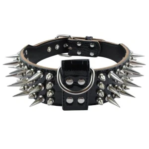 2.0" Width Luxurious Leather Sharp Spike Studded Dog Collar,Black M size Trai... - Picture 1 of 8