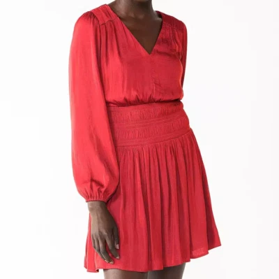 NEW Nine West Long Sleeve Smocked Mini Dress V-Neck Underskirt Red Sz S - Image 1 of 4