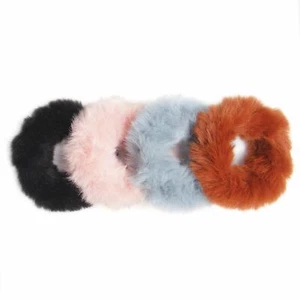 Banded Set of 4 Fur Scrunchies Orange, Blue, Pink, Black - Picture 1 of 4