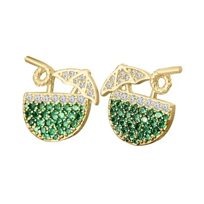 2Ct Simulated Emerald Cluster Drink Glass Stud Earrings 14K Y Gold Plated Silver - Image 1 of 3