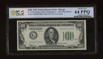 DBR 1934 $100 DGS FRN Chicago Fr. 2152-Gdgs PCGS-B 64 PPQ Serial G09983180A - Image 1 of 2