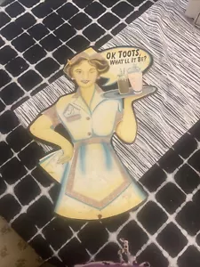 Vintage Metal RRetro Car Hop Waitress Sign 19” L. Been clear Coated See Pics - Picture 1 of 9