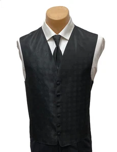 Men's Perry Ellis Black Tuxedo Vest with Matching Long Tie Large L - Picture 1 of 5