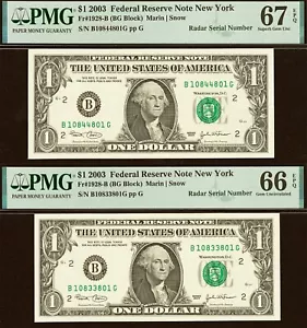 2003 $1 Federal Reserve Note PMG 67EPQ top pop consecutive radar serial number - Picture 1 of 6