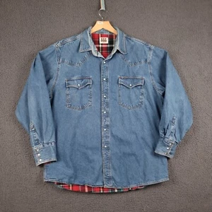 Vintage ELY CATTLEMAN Shirt Mens XL Blue Denim Pearl Snap Flannel Lined Western - Picture 1 of 13
