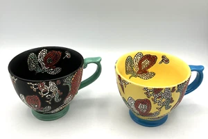 2 Large Coffee Mugs, Mosaic Floral Butterfly Colorful, Black,Yellow Hand painted - Picture 1 of 19