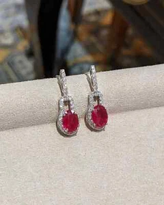 3.10 Ct Oval Cut Natural Red Ruby & Diamond Earring Stud 14K Solid White Gold - Picture 1 of 6
