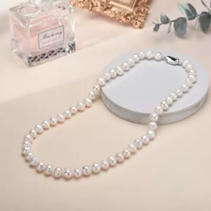 Halskette echte Süßwasser Perlen 925 Sterlingsilber Collier weiß Barock Damen - Picture 1 of 7