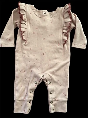 Pehr EUC Mocha Moon/Stars  Organic Cotton Ruffled Long Sl Coverall-0-3Mos - Image 1 of 4