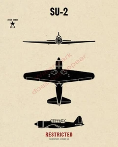 Zweiter Weltkrieg UdSSR Russisch Suchoi Su-2 Angriffsbomber Flugzeug Erkennungsplakat V-1 - Bild 1 von 7