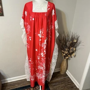 Maxi abito vintage Granada donna rosso bianco floreale caftano MuMu bordo pizzo taglia unica - Foto 1 di 13
