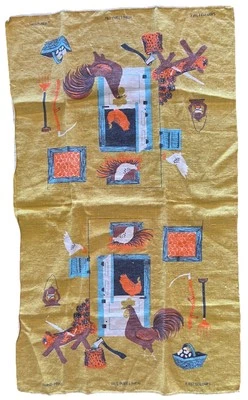 Vintage 1960s Pure Linen Hand-Printed MCM Rooster & Hens Tea / Kitchen Towel - Image 1 of 4